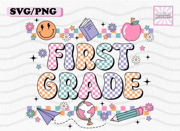 Retro Checkered First Grade SVG for Embroidery
